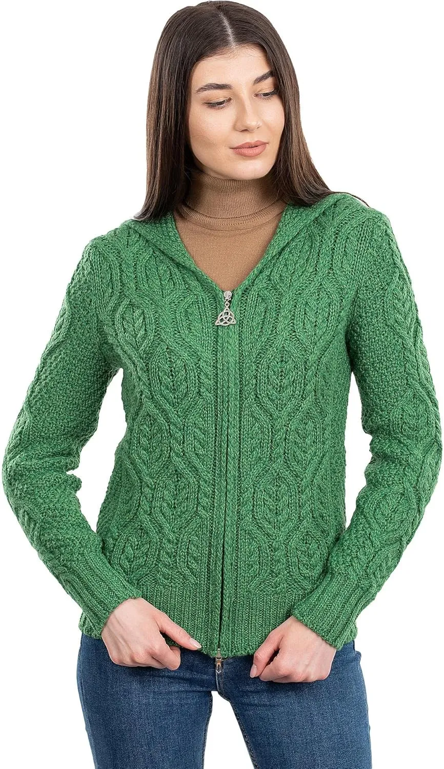 SAOL 100% Merino Wool Ladies Hooded Zipped Cardigan Sweater