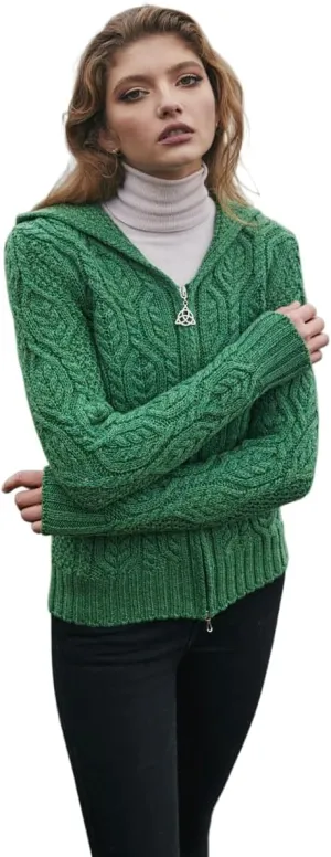 SAOL 100% Merino Wool Ladies Hooded Zipped Cardigan Sweater