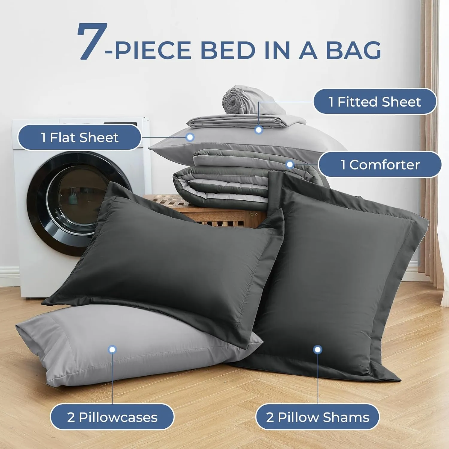 Sasttie Queen Comforter Set, 7 Pieces Bed in a Bag Queen, Complete Bedding Set Includes Comforter, Flat Sheet, Fitted Sheet, Pillowcases and Pillow Shams, Dark Grey & Light Grey