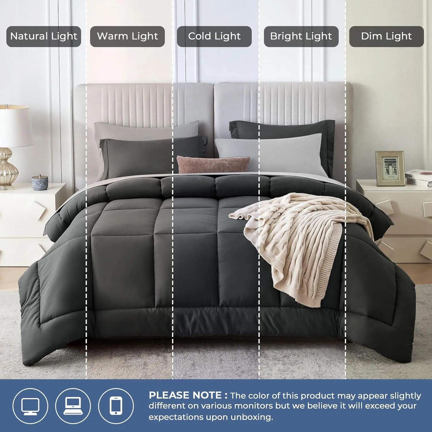 Sasttie Queen Comforter Set, 7 Pieces Bed in a Bag Queen, Complete Bedding Set Includes Comforter, Flat Sheet, Fitted Sheet, Pillowcases and Pillow Shams, Dark Grey & Light Grey