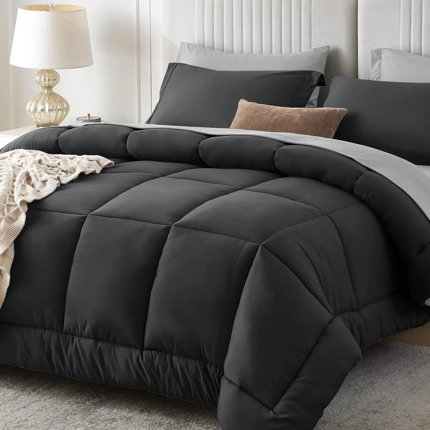 Sasttie Queen Comforter Set, 7 Pieces Bed in a Bag Queen, Complete Bedding Set Includes Comforter, Flat Sheet, Fitted Sheet, Pillowcases and Pillow Shams, Dark Grey & Light Grey