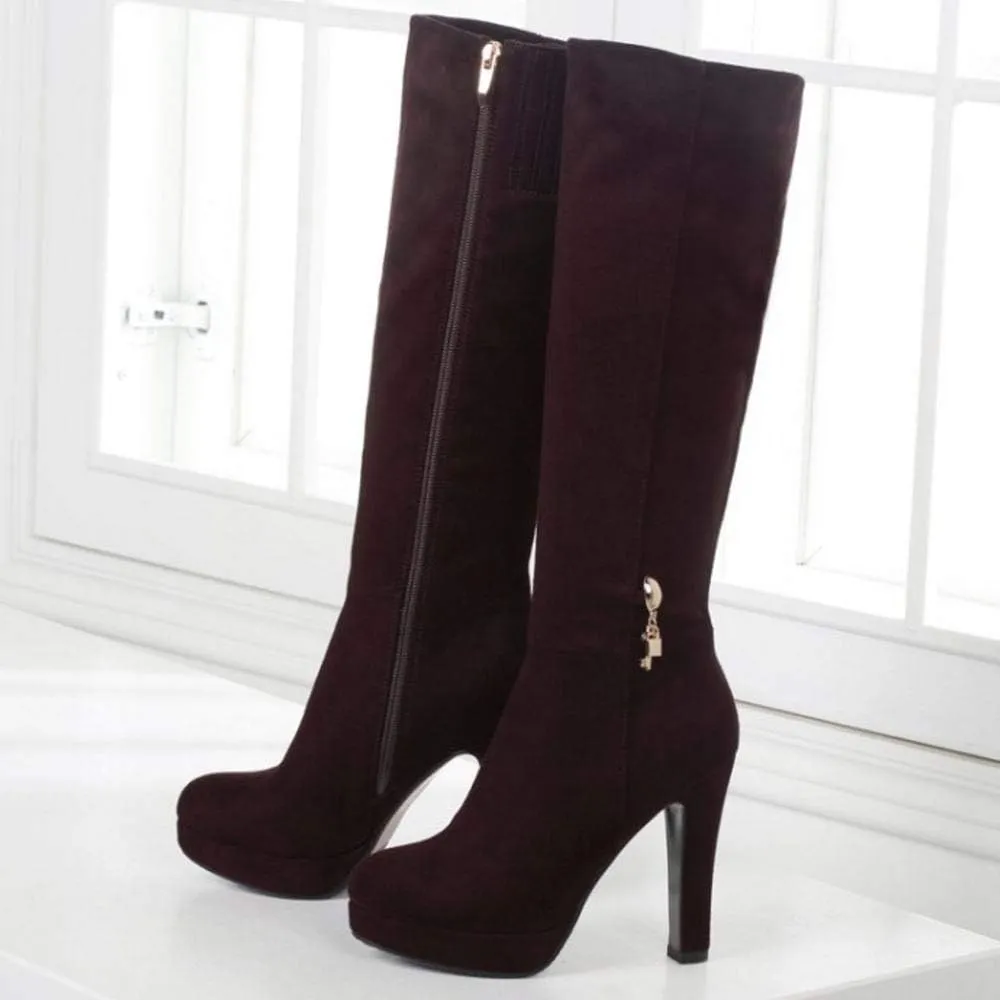 Scaoruki Women Elegant Mid Top Boots Block Heels High Boots Platform