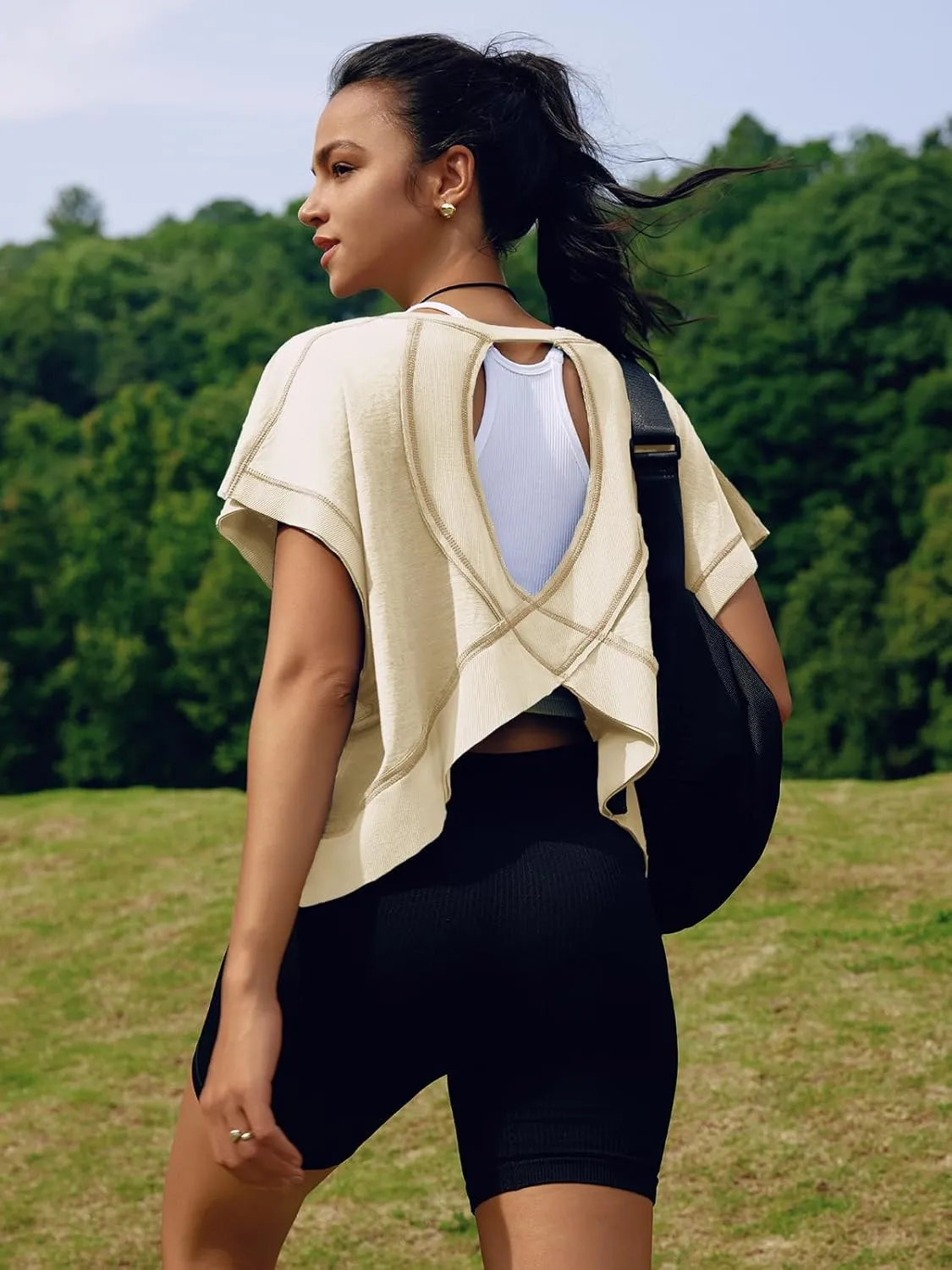 SENSERISE Womens Open Back Workout Tops Backless Short Sleeve Athletic Shirt Running Crop Top Gym Yoga Tee