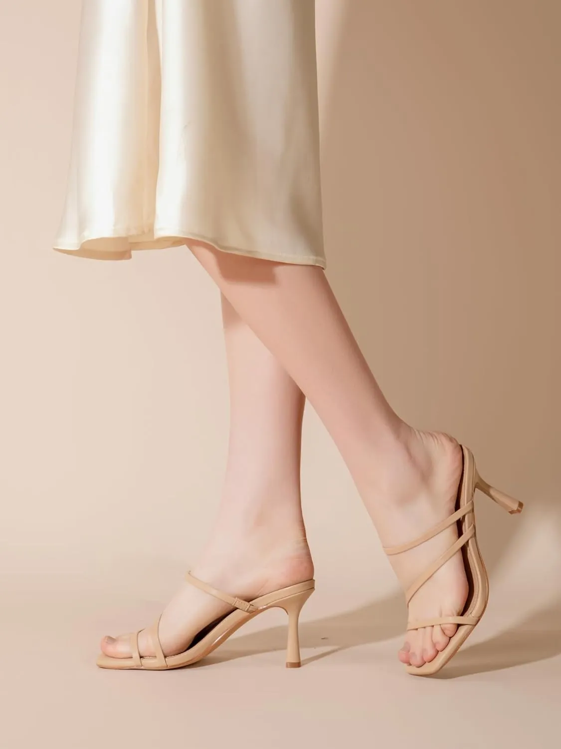 Shoe'N Tale Strappy Kitten Heels For Women Stiletto Mules Square Open Toe Slip On Sandals