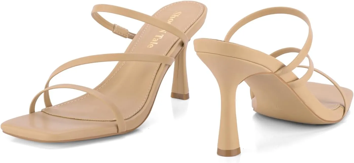 Shoe'N Tale Strappy Kitten Heels For Women Stiletto Mules Square Open Toe Slip On Sandals