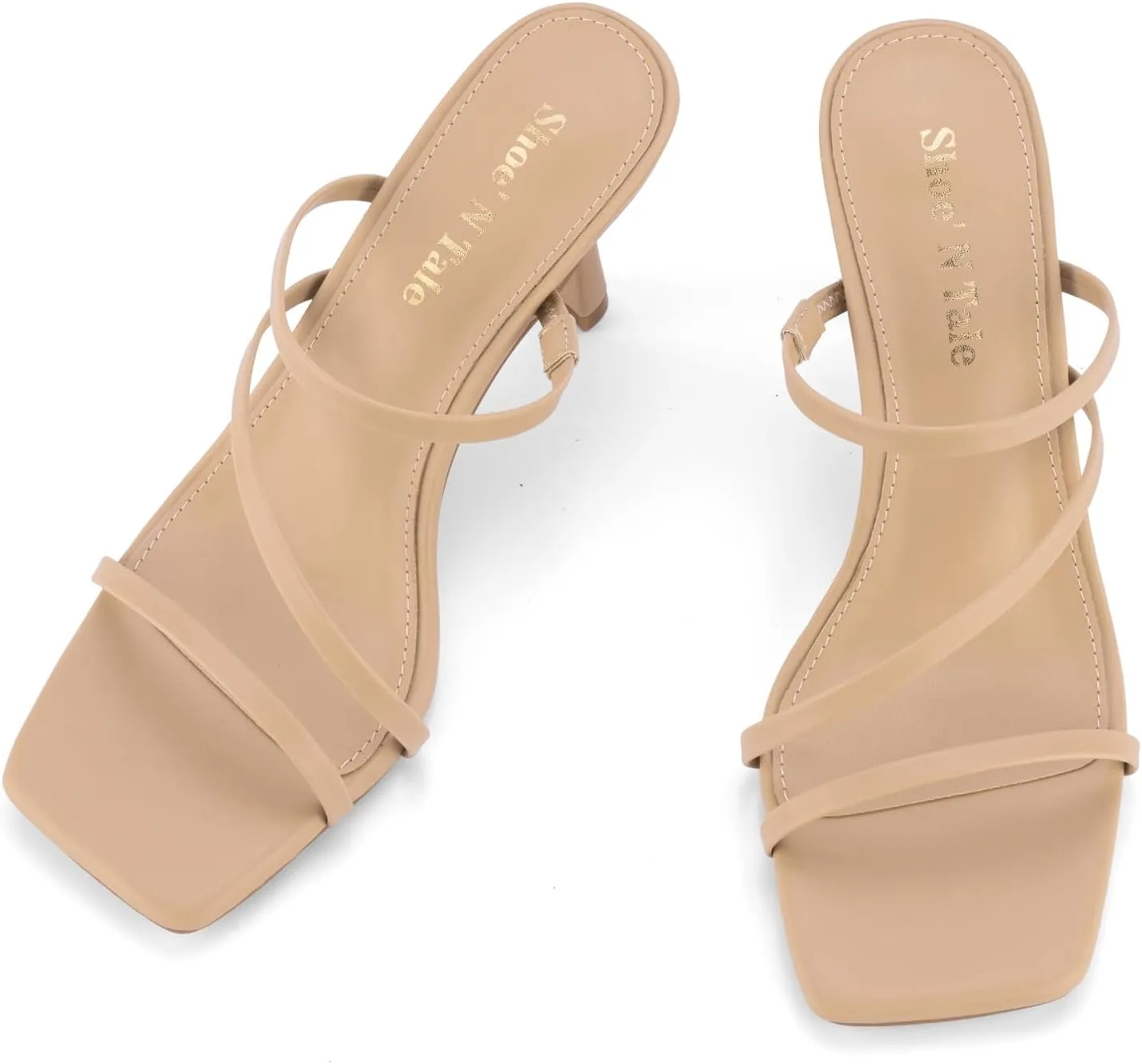 Shoe'N Tale Strappy Kitten Heels For Women Stiletto Mules Square Open Toe Slip On Sandals