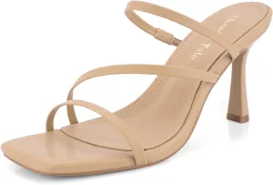 Shoe'N Tale Strappy Kitten Heels For Women Stiletto Mules Square Open Toe Slip On Sandals
