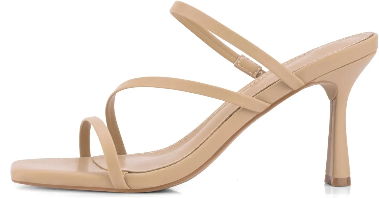 Shoe'N Tale Strappy Kitten Heels For Women Stiletto Mules Square Open Toe Slip On Sandals