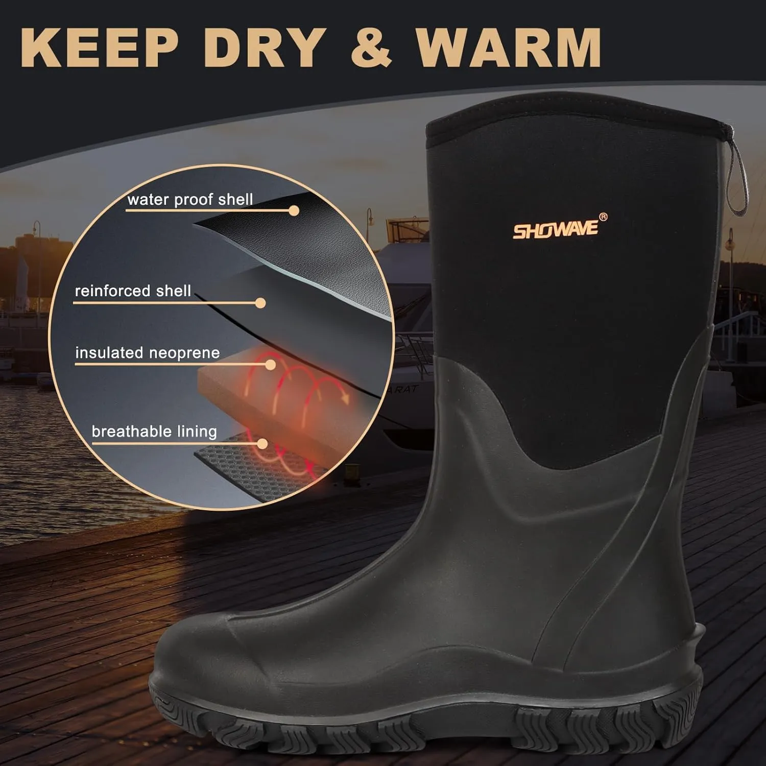 Showave Classic Men's Rubber Boots Waterproof Rain Boots Insulated Neoprene Boot Mud Boot for Farming Hunting Gardening Yard Chore Working
