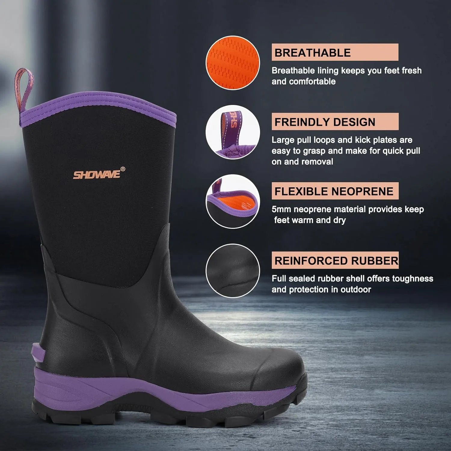 Showave Women's Rubber Hunting Boots Mid Calf Waterproof Rain Boot Insulated Mud Boots Durable Outdoor Working Boot for Fishing Garden Chore
