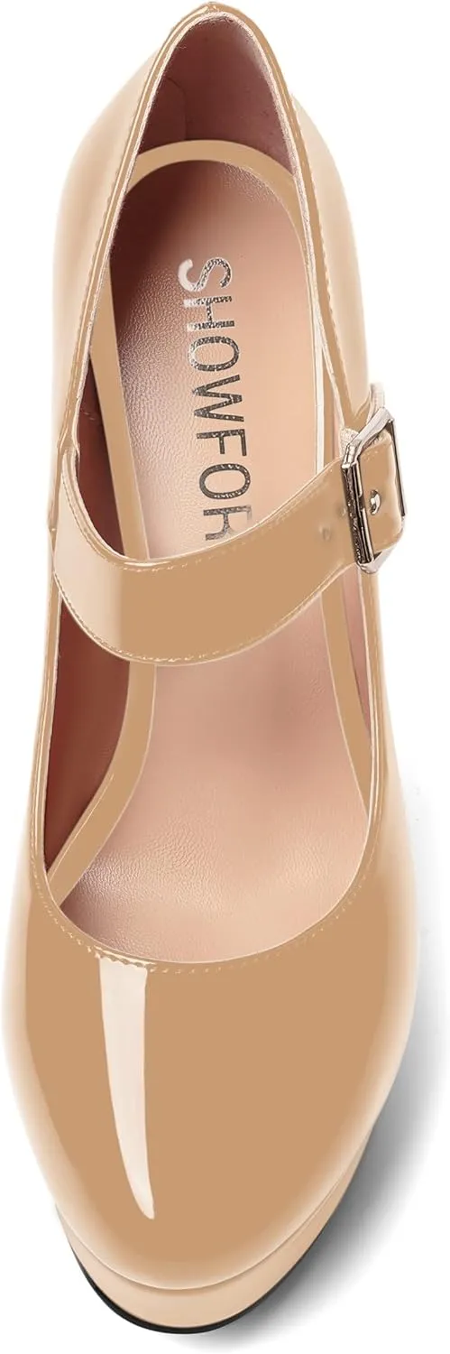 SHOWFOREST Womens Slip On Adjustable Strap Patent Party Platform Sexy Round Toe Block High Heel Pumps Shoes 5 Inch