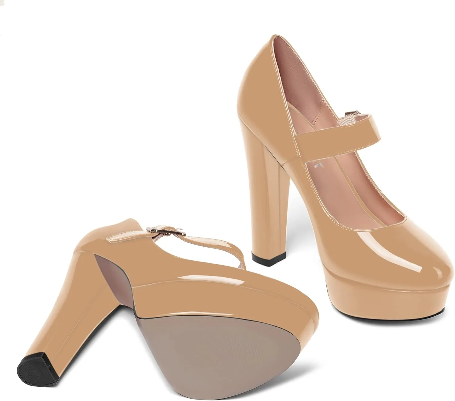 SHOWFOREST Womens Slip On Adjustable Strap Patent Party Platform Sexy Round Toe Block High Heel Pumps Shoes 5 Inch