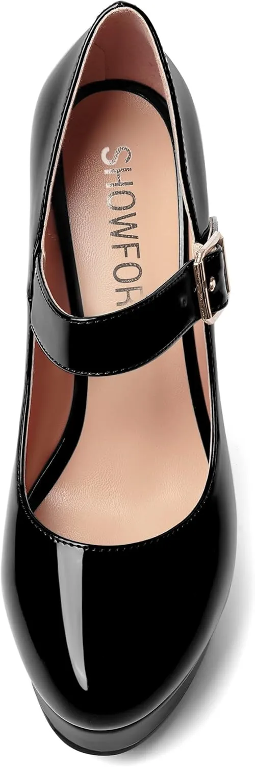 SHOWFOREST Womens Slip On Adjustable Strap Patent Party Platform Sexy Round Toe Block High Heel Pumps Shoes 5 Inch