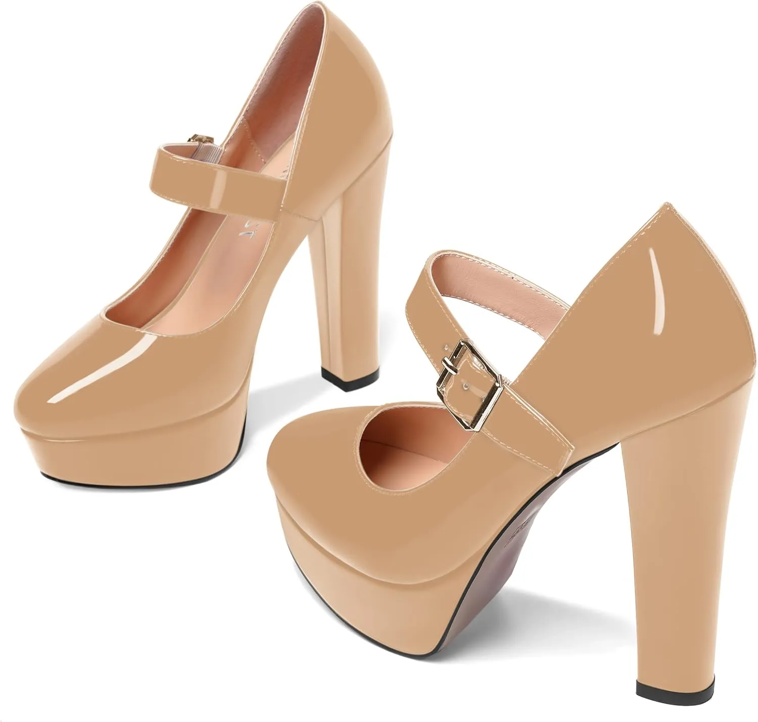 SHOWFOREST Womens Slip On Adjustable Strap Patent Party Platform Sexy Round Toe Block High Heel Pumps Shoes 5 Inch