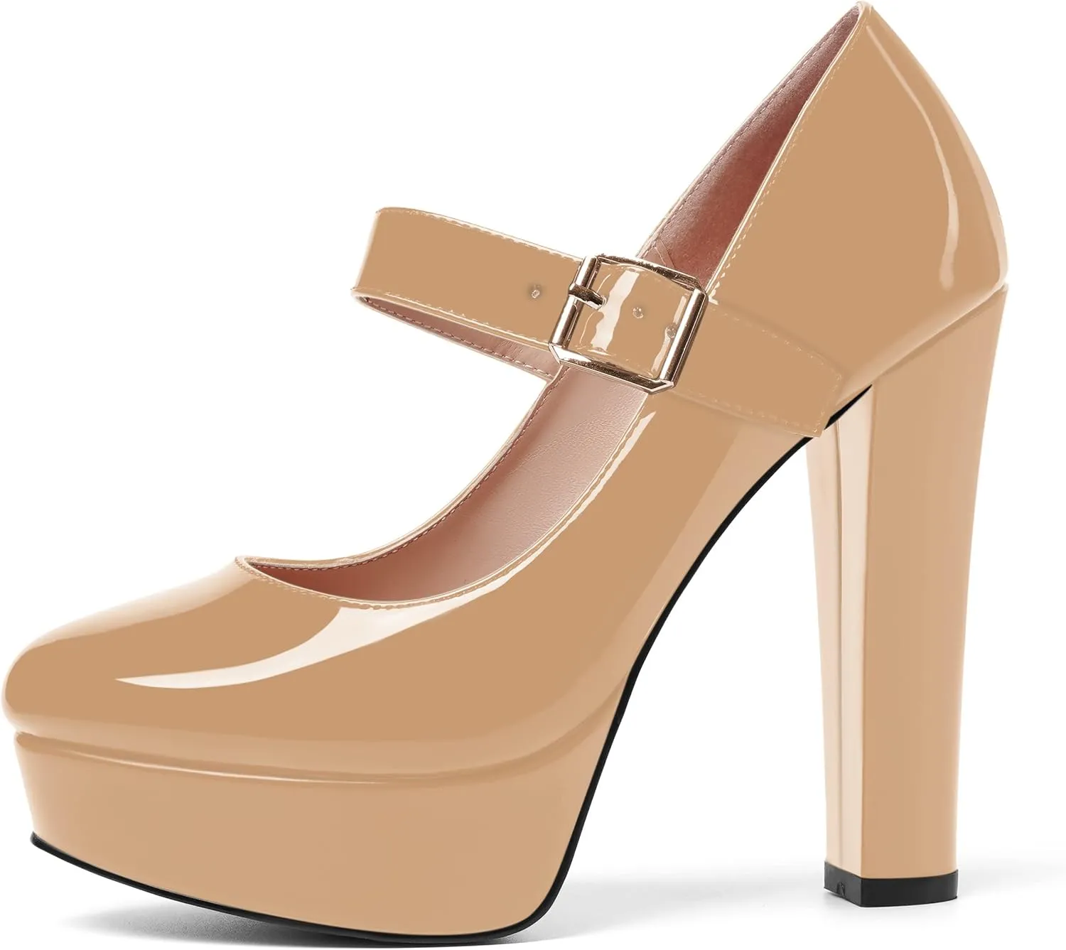 SHOWFOREST Womens Slip On Adjustable Strap Patent Party Platform Sexy Round Toe Block High Heel Pumps Shoes 5 Inch