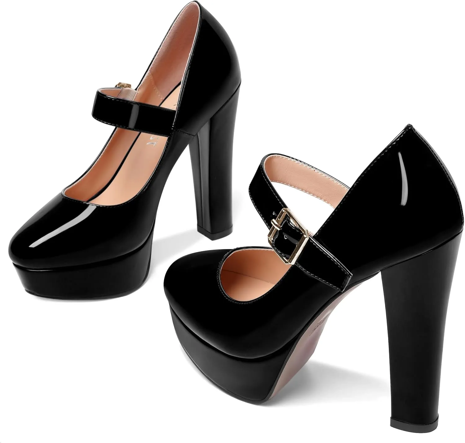 SHOWFOREST Womens Slip On Adjustable Strap Patent Party Platform Sexy Round Toe Block High Heel Pumps Shoes 5 Inch