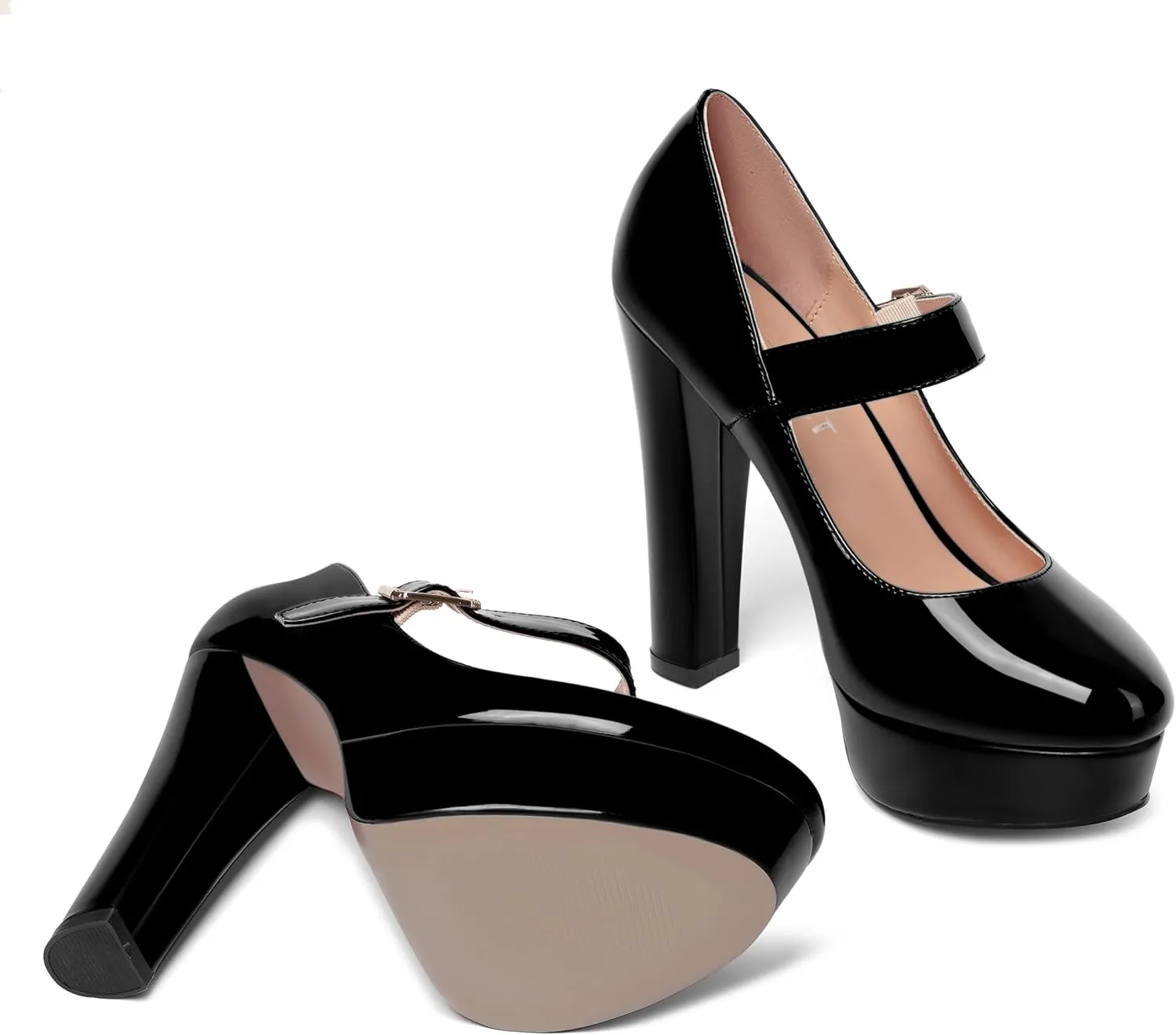 SHOWFOREST Womens Slip On Adjustable Strap Patent Party Platform Sexy Round Toe Block High Heel Pumps Shoes 5 Inch