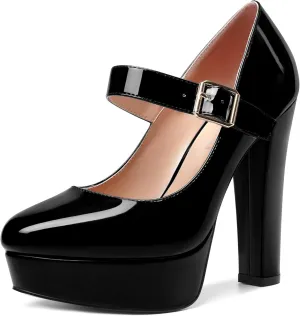 SHOWFOREST Womens Slip On Adjustable Strap Patent Party Platform Sexy Round Toe Block High Heel Pumps Shoes 5 Inch