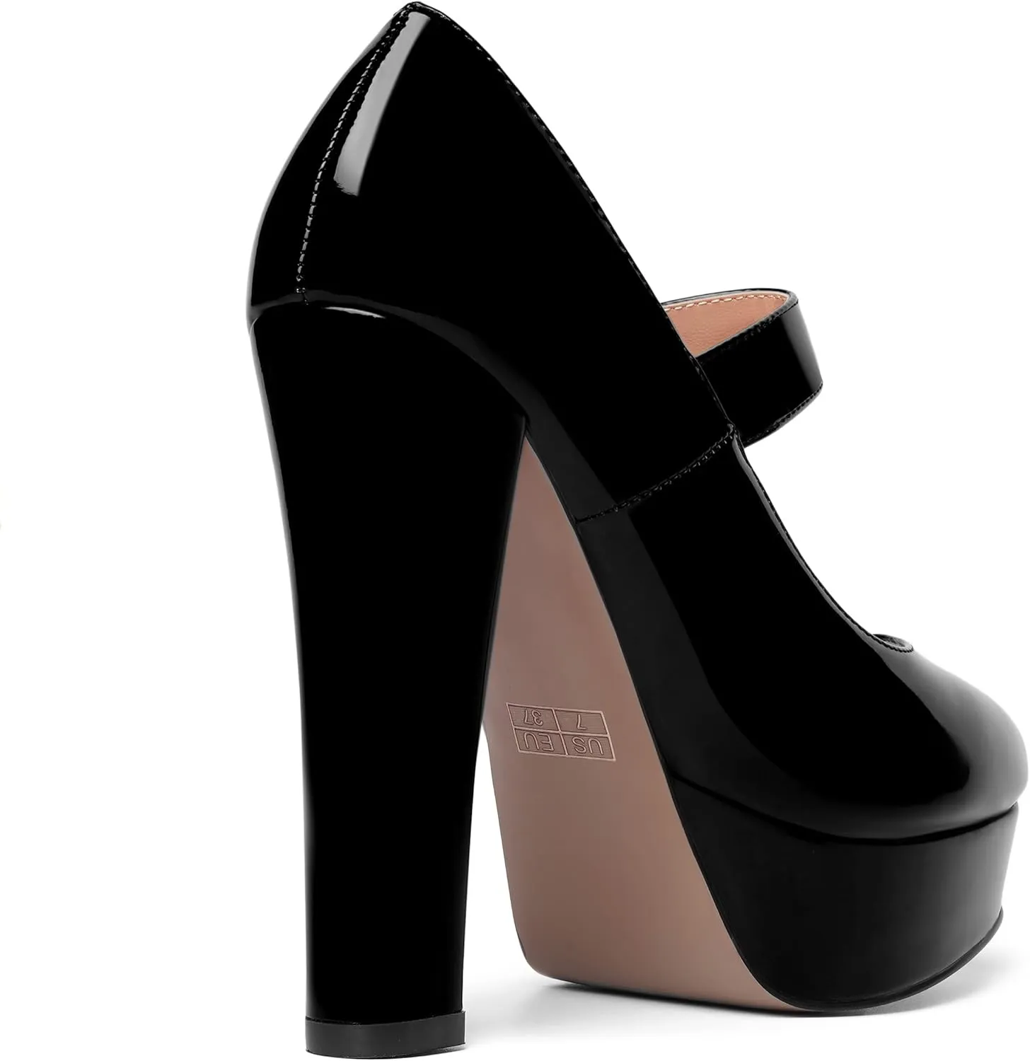 SHOWFOREST Womens Slip On Adjustable Strap Patent Party Platform Sexy Round Toe Block High Heel Pumps Shoes 5 Inch