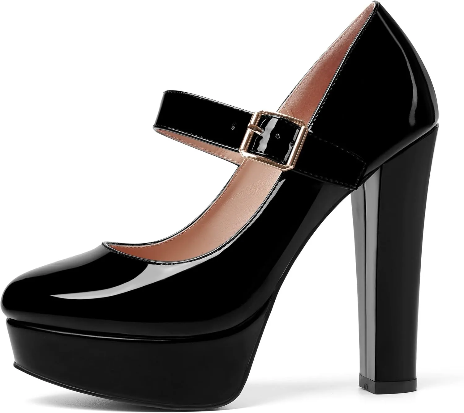 SHOWFOREST Womens Slip On Adjustable Strap Patent Party Platform Sexy Round Toe Block High Heel Pumps Shoes 5 Inch