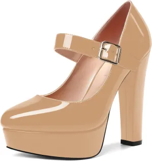 SHOWFOREST Womens Slip On Adjustable Strap Patent Party Platform Sexy Round Toe Block High Heel Pumps Shoes 5 Inch