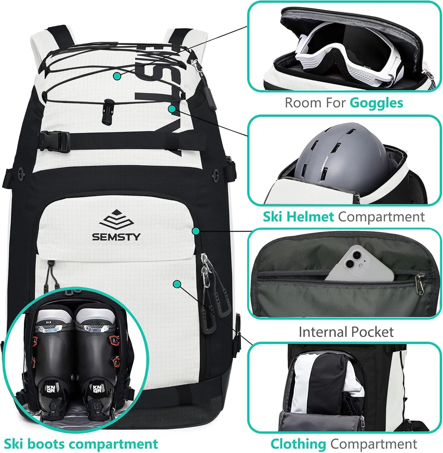 Ski Boot Bag, 55L Waterproof Ski and Snowboard Boots Travel Backpack for Skis, Snowboard, Ski Helmet, & Accessories