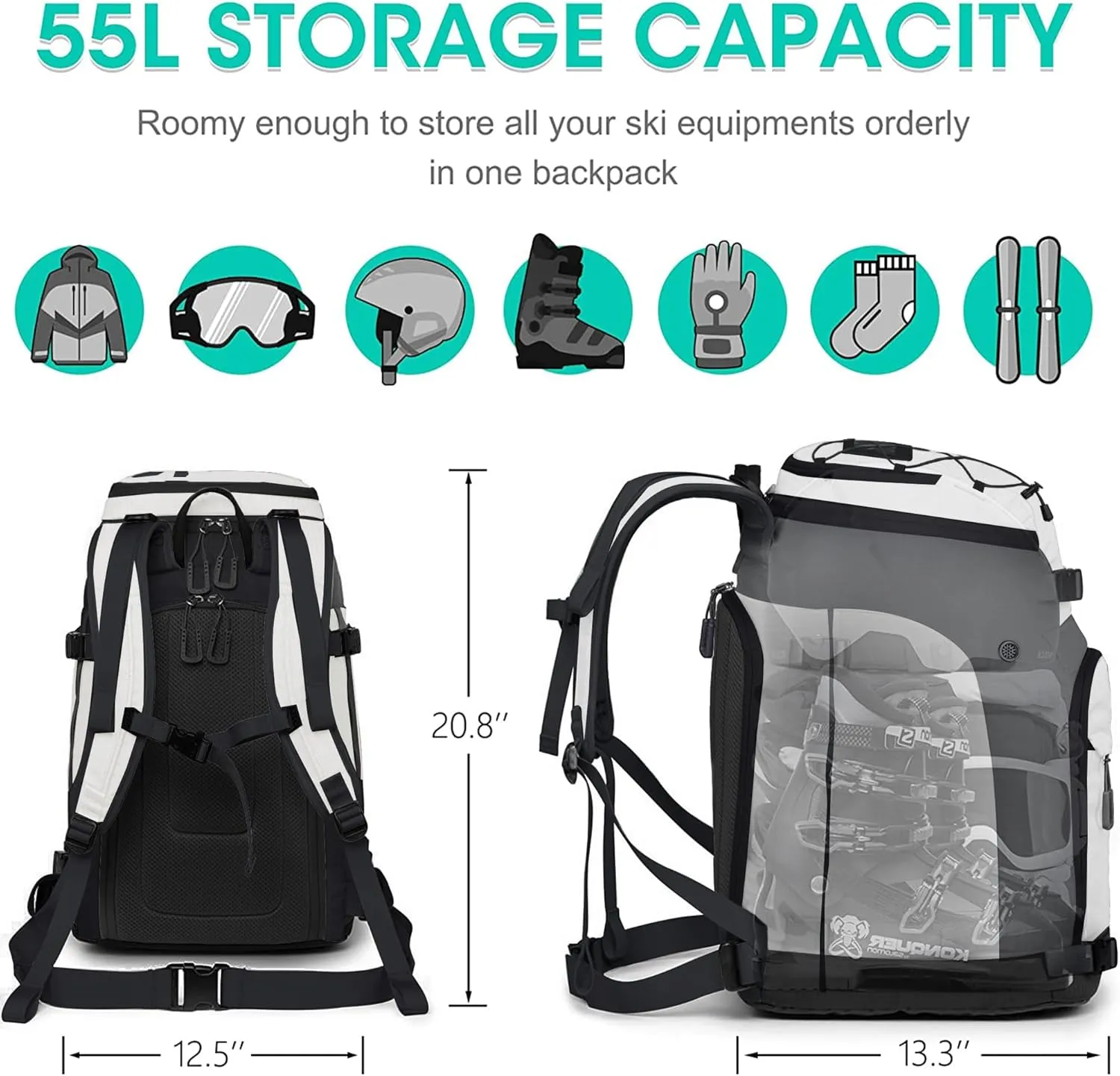 Ski Boot Bag, 55L Waterproof Ski and Snowboard Boots Travel Backpack for Skis, Snowboard, Ski Helmet, & Accessories