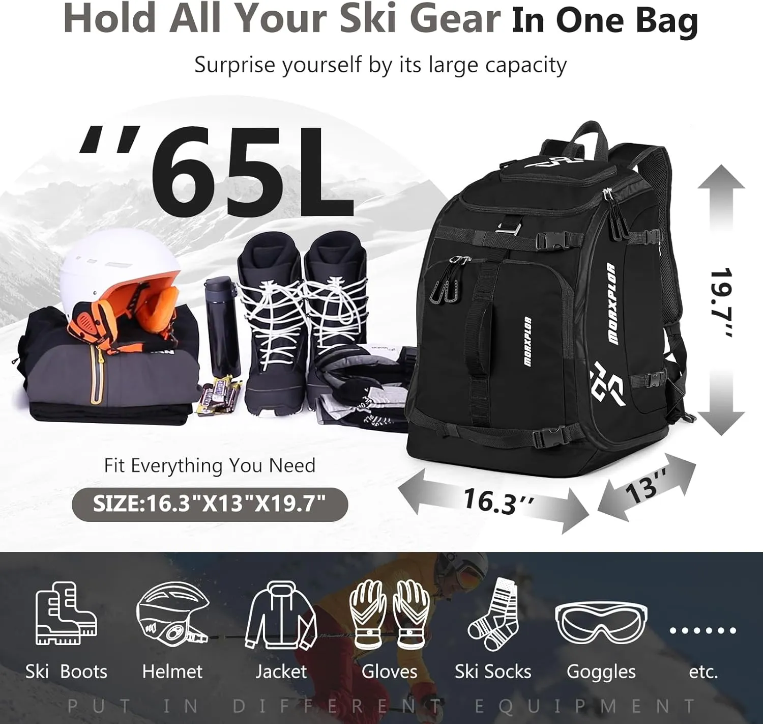 Ski Boot Bag - 65L Padded, Waterproof Ski Travel Backpack for Gear & Accessories
