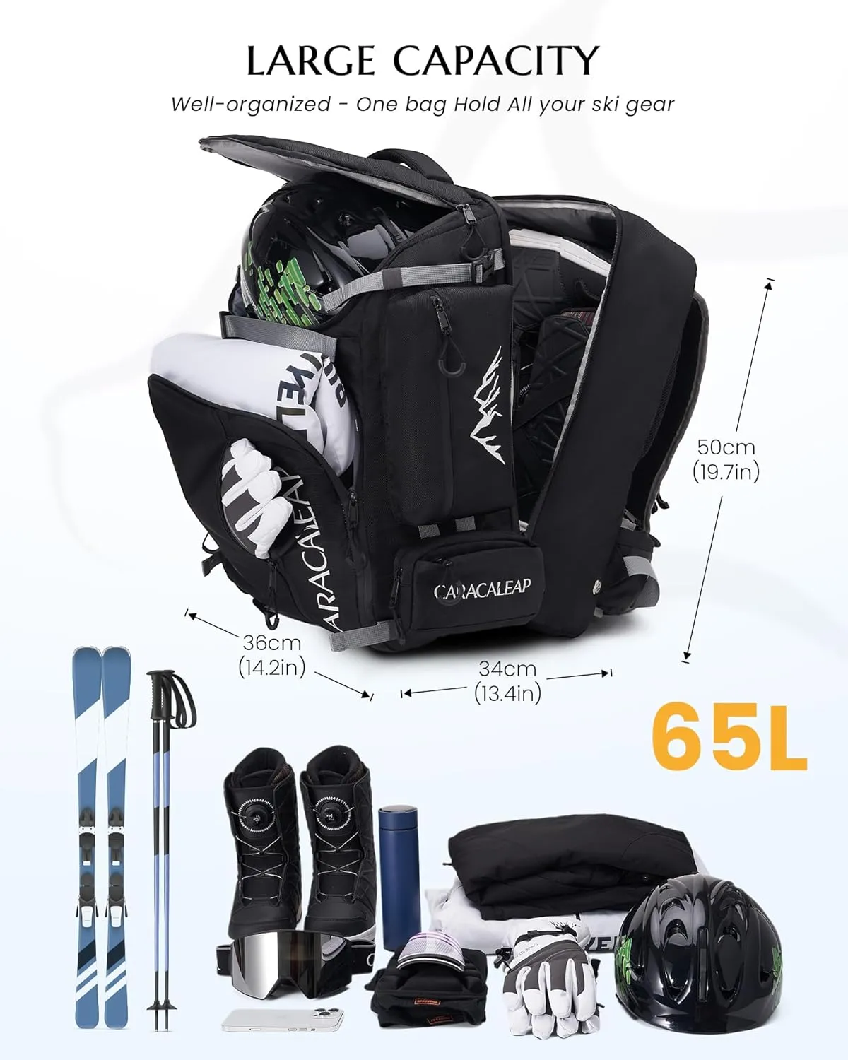 Ski Boots Bag Backpack 61L, Fully Padded Ski Snowboard Gear Bag Travel Backpack for Ski Helmet Goggles Gloves Snowboard, Ski Backpack Water-Resistant Snow Skiing Boots Helmet Travel Bag Durable