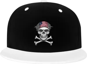 Skull Flag Liberia Color-Block Flat Brim Snapback Cap for Men & Women, Adjustable Hip-Hop Hat White