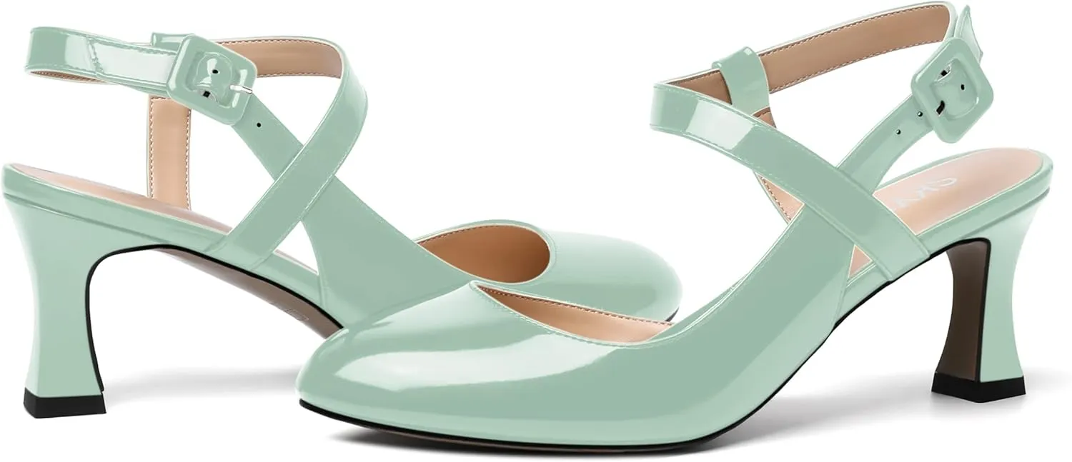 SKYSTERRY Womens Buckle Patent Wedding Ankle Strap Round Toe Casual Spool Mid Heel Pumps Shoes 2.5 Inch