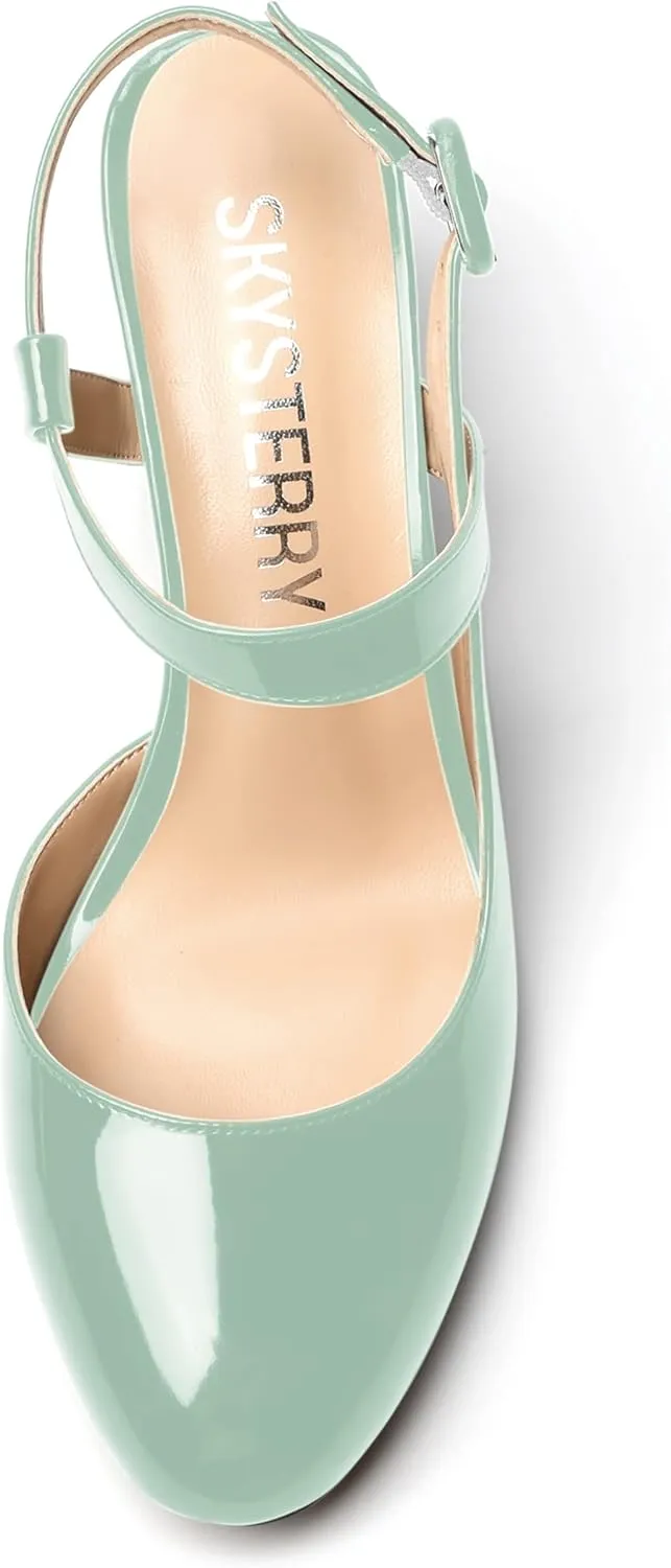 SKYSTERRY Womens Buckle Patent Wedding Ankle Strap Round Toe Casual Spool Mid Heel Pumps Shoes 2.5 Inch