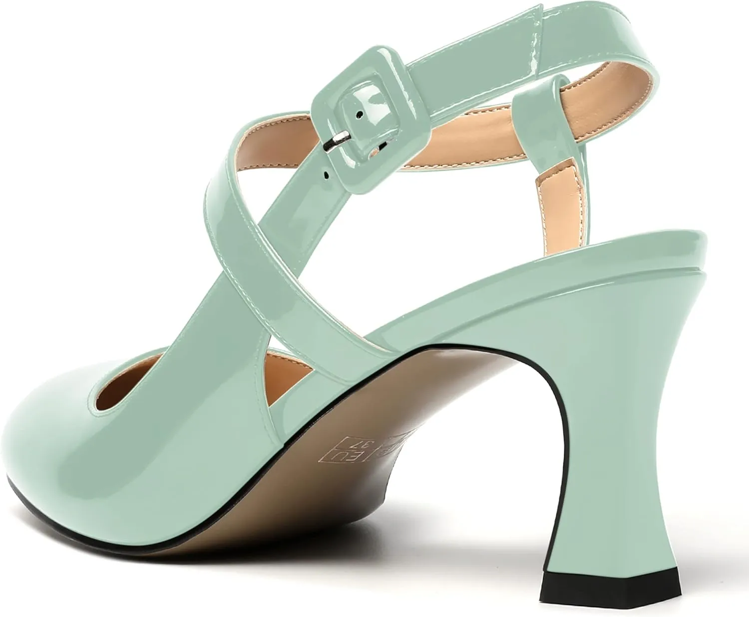 SKYSTERRY Womens Buckle Patent Wedding Ankle Strap Round Toe Casual Spool Mid Heel Pumps Shoes 2.5 Inch