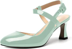 SKYSTERRY Womens Buckle Patent Wedding Ankle Strap Round Toe Casual Spool Mid Heel Pumps Shoes 2.5 Inch