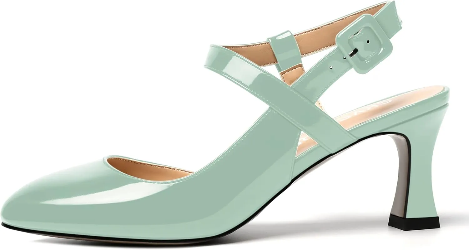 SKYSTERRY Womens Buckle Patent Wedding Ankle Strap Round Toe Casual Spool Mid Heel Pumps Shoes 2.5 Inch