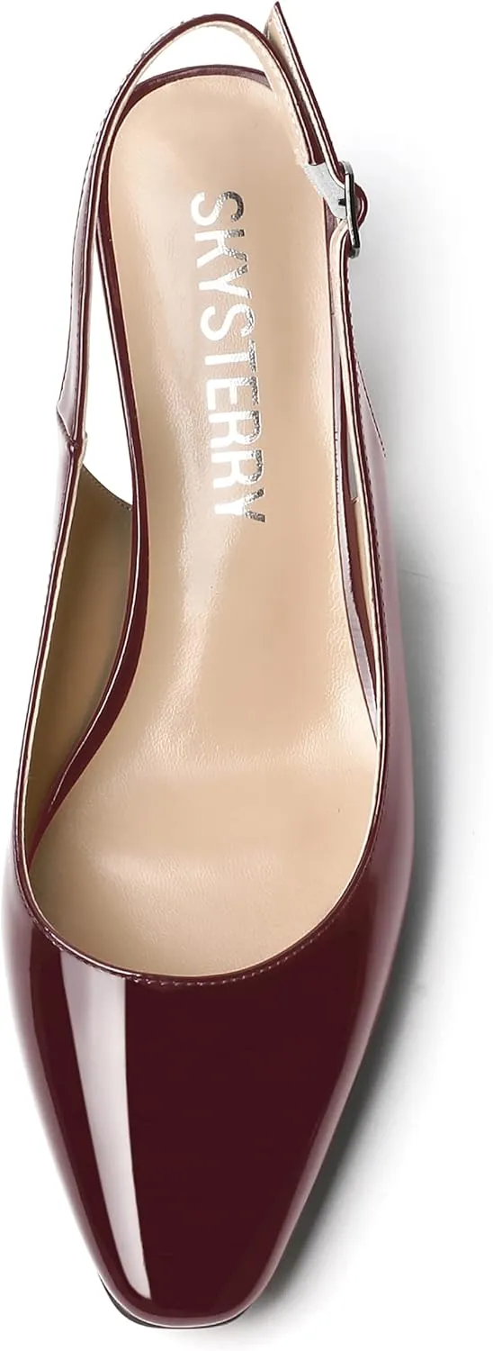 SKYSTERRY Women's Dress Evening Slingback Kitten Square Toe Office Patent Spool Low Heel Pumps Shoes 2 Inch