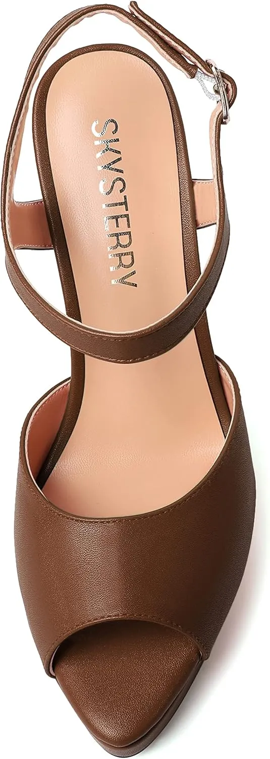 SKYSTERRY Womens Matte Dress Wedding Buckle Platform Peep Toe Ankle Strap Stiletto High Heel Pumps Shoes 4.7 Inch