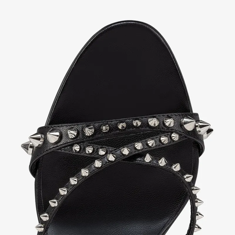 Sleek Black Leather Sandal with Spikes