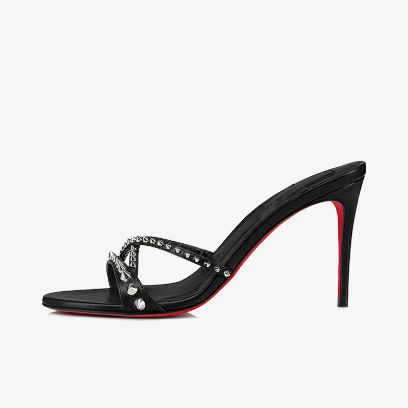 Sleek Black Leather Sandal with Spikes