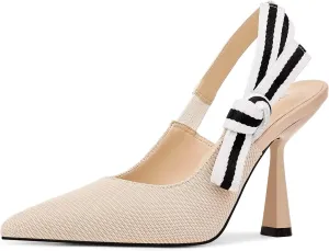 Slingback Heels for Women Closed Pointed Toe High Heels Bowknot Knitted Dress Work Wedding Pumps Shoes