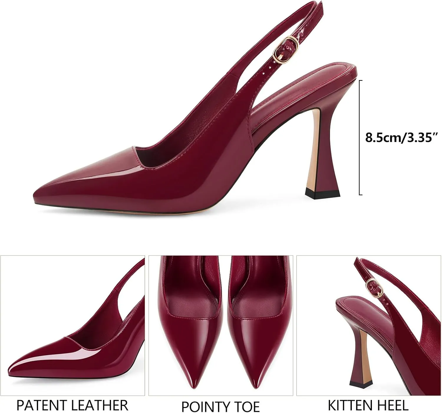 Slingback Kitten Heels for Women Pointed Toe Vintage Stiletto Sexy Pumps Buckle Straps Slip on Flare High Heeled Sandals Work Dressy Shoes