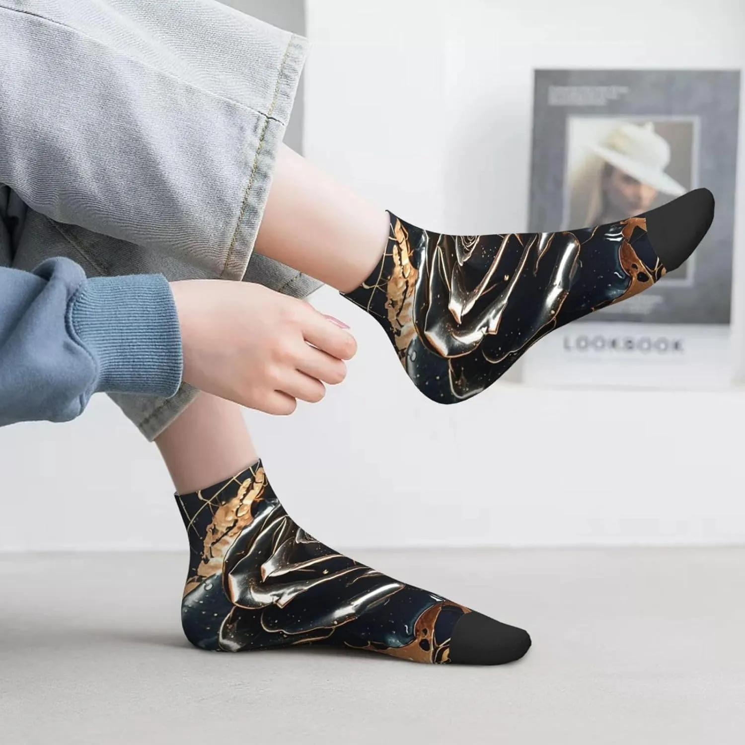 Socks for Women Men Breathable Moisture Wicking Boot Socks Black rose gold Marble Warm Calf Socks