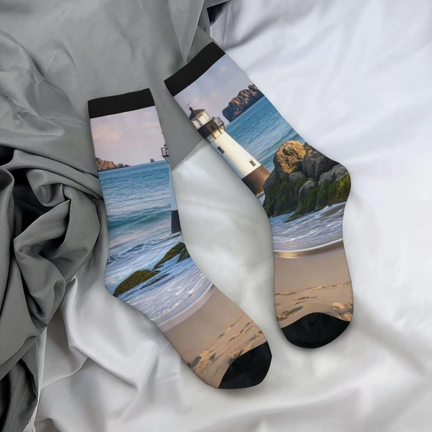 Socks for Women Men Breathable Moisture Wicking Boot Socks Sea Lighthouse Sandbeach Warm Calf Socks