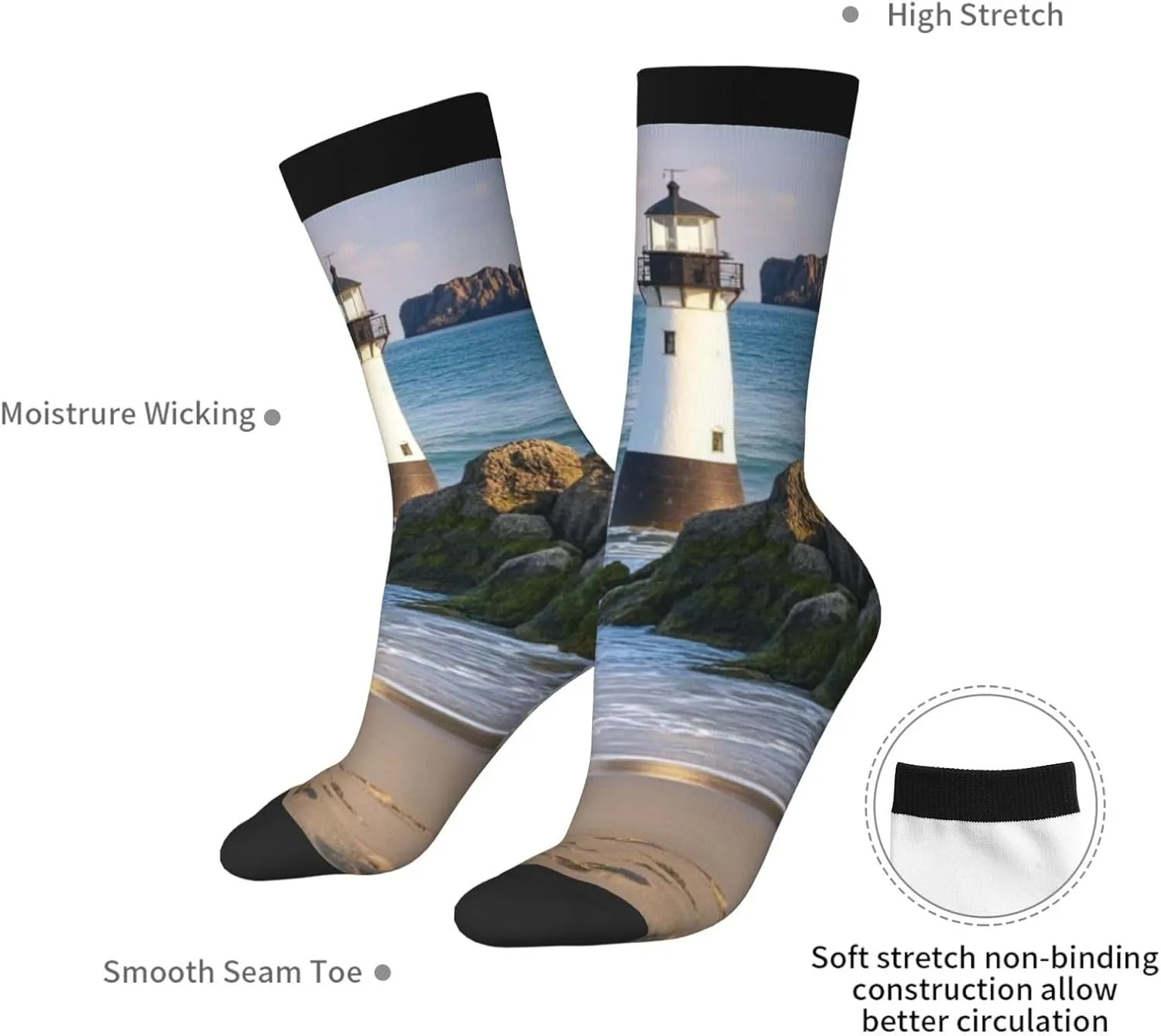 Socks for Women Men Breathable Moisture Wicking Boot Socks Sea Lighthouse Sandbeach Warm Calf Socks