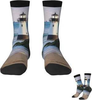 Socks for Women Men Breathable Moisture Wicking Boot Socks Sea Lighthouse Sandbeach Warm Calf Socks