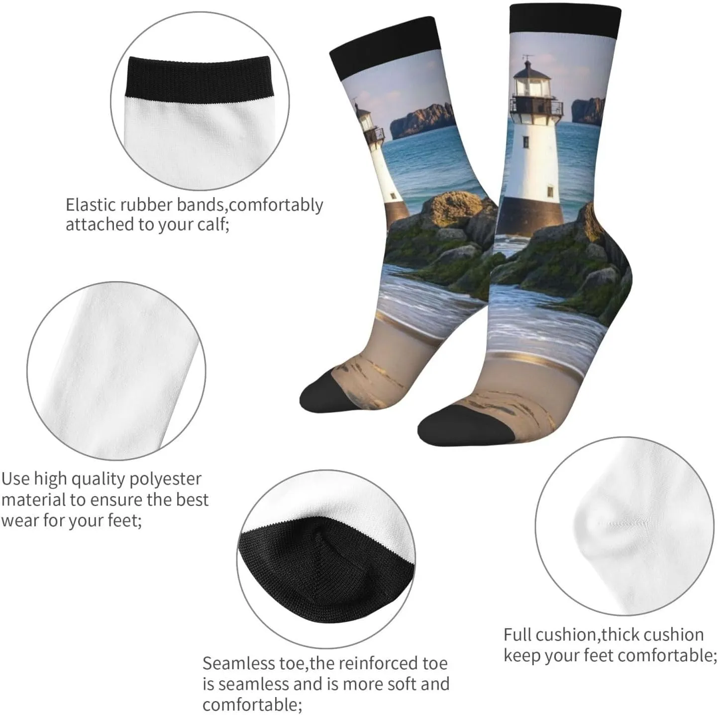 Socks for Women Men Breathable Moisture Wicking Boot Socks Sea Lighthouse Sandbeach Warm Calf Socks