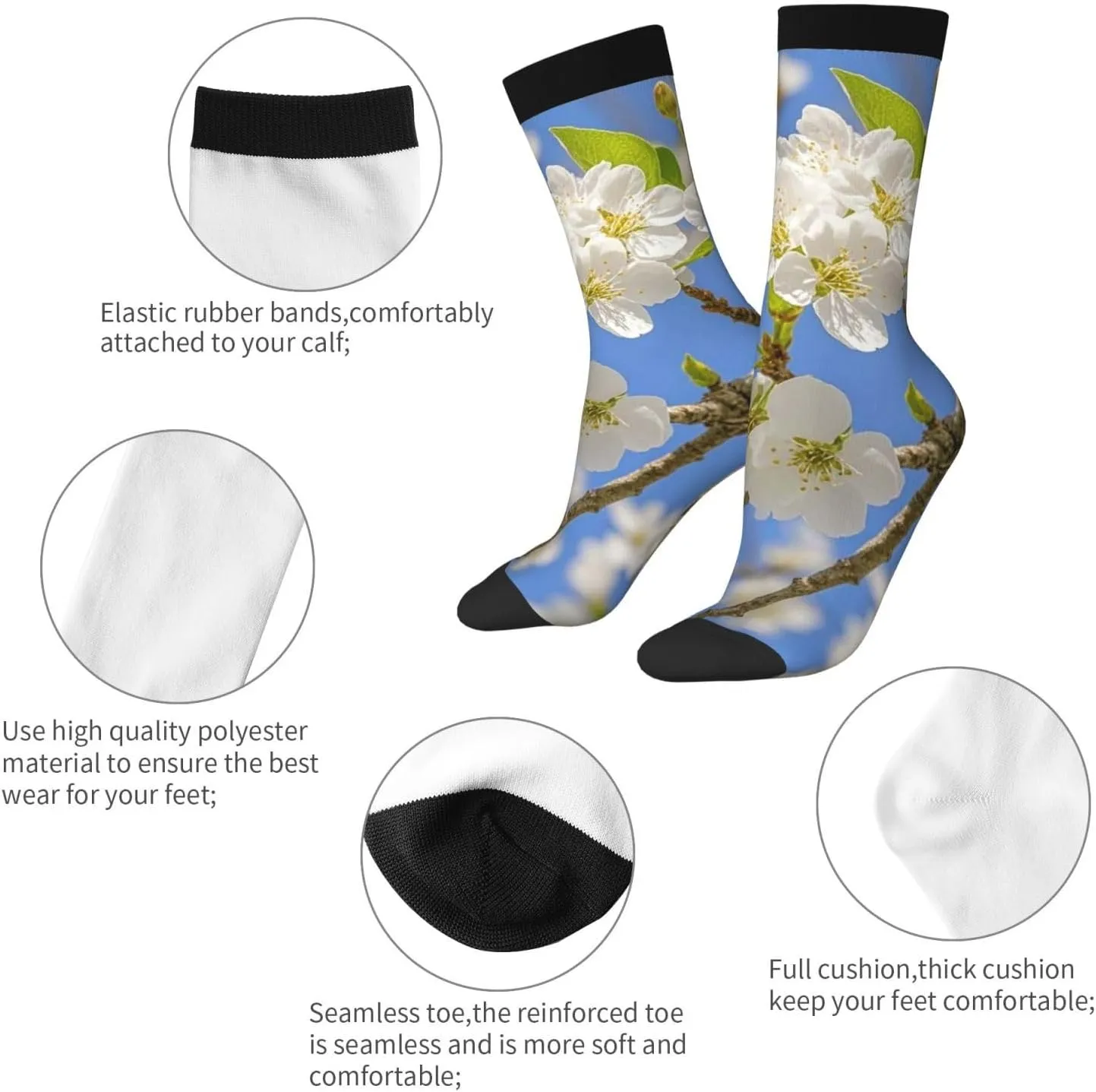 Socks for Women Men Warm Breathable Boot Socks Cherry Blossoms Calf Socks Crew Sock for Hiking