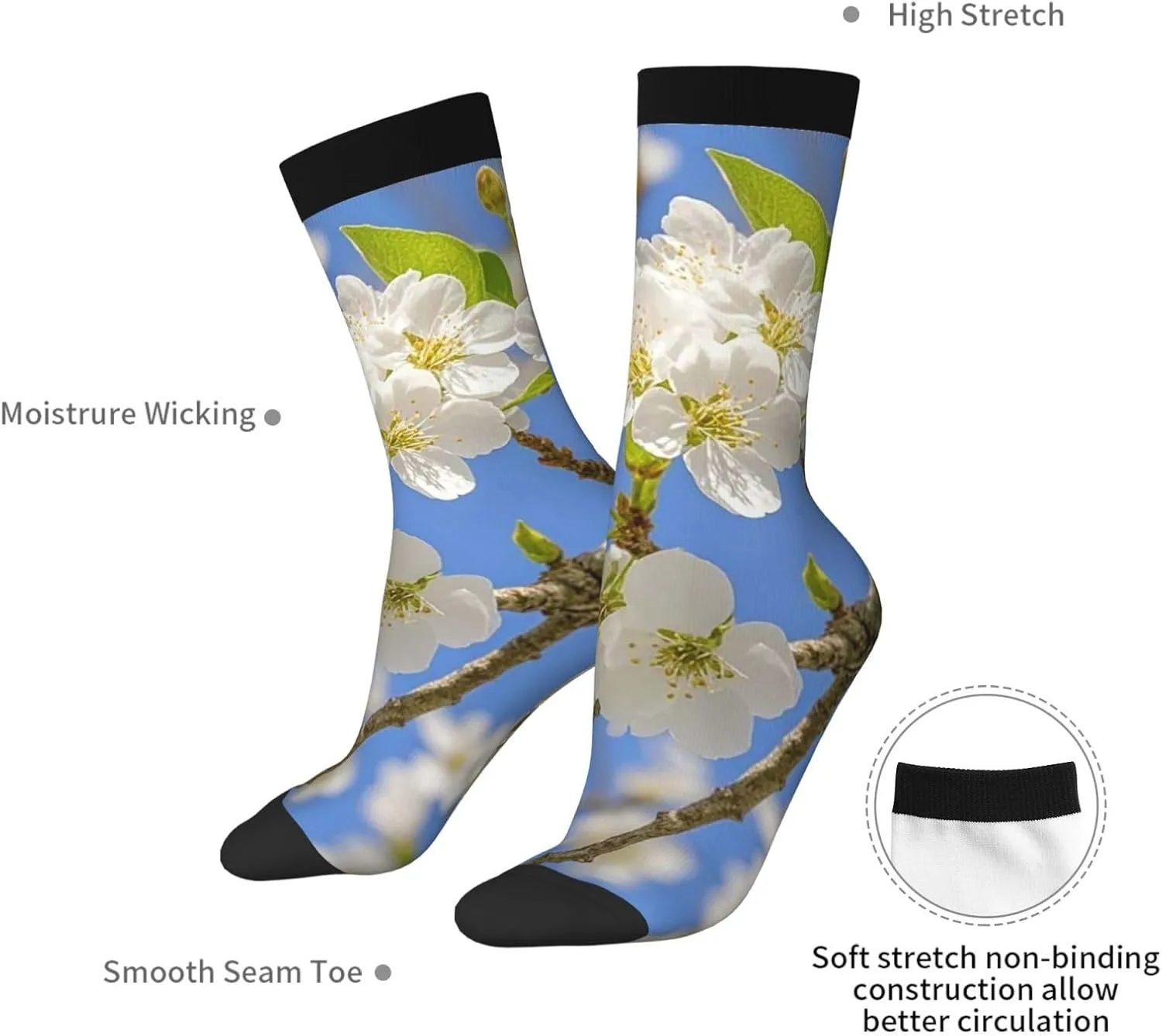 Socks for Women Men Warm Breathable Boot Socks Cherry Blossoms Calf Socks Crew Sock for Hiking