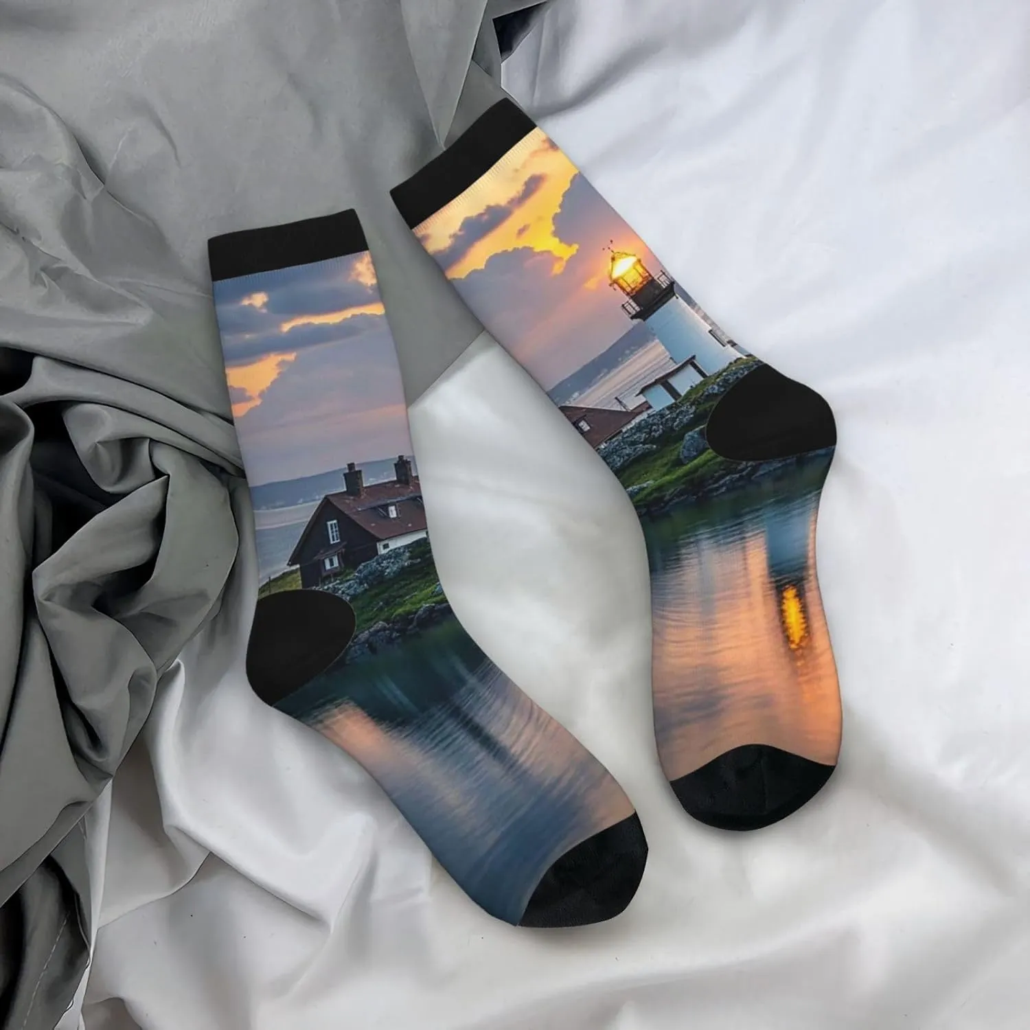 Socks for Women Men Warm Breathable Boot Socks Lighthouse at Sunset Calf Socks Crew Sock for Hiking