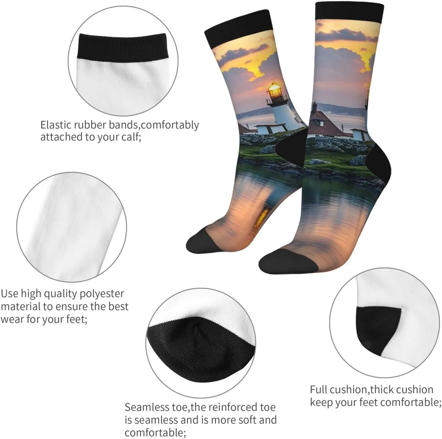 Socks for Women Men Warm Breathable Boot Socks Lighthouse at Sunset Calf Socks Crew Sock for Hiking